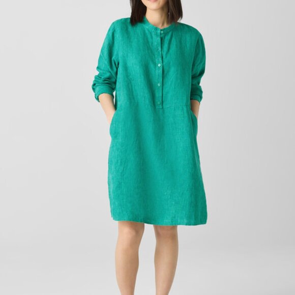 EILEEN FISHER Washed Organic Linen Delave Shirt Dress Long Sleeve Green - Picture 3 of 15
